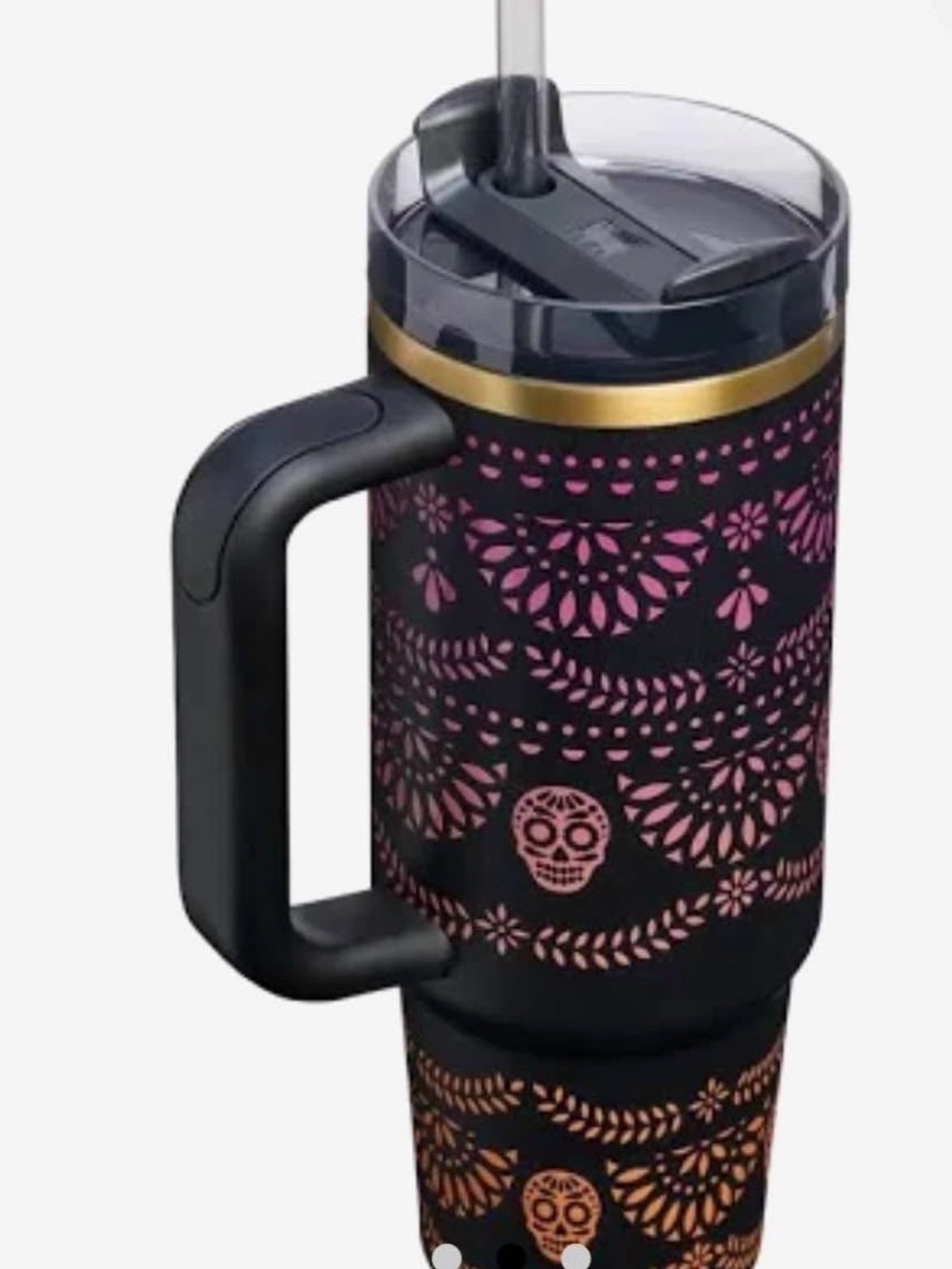 Stanley Black Tumbler with Pink and Gold Floral Day of the Dead Design - Picture 5 of 6